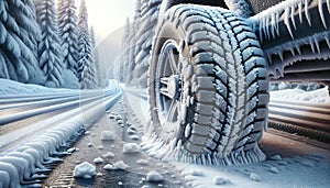 winter tires are frozen to the road in the forest