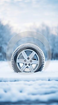 Winter tires on snow covered road, AI