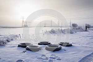 Winter tires on snow with electricity distribution plant