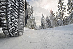 Winter tires on snowy road