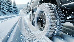 winter tires in snowy weather in the forest