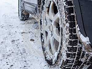 Winter tires with tread in the snow