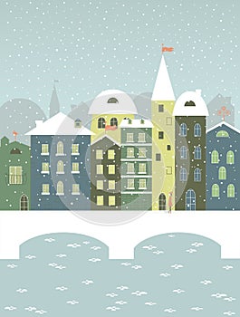 Winter town with a bridge.