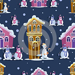 Winter town. Cheerful snowmen. Vector background. Seamless pattern on a blue background.