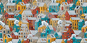 Winter town with falling snow seamless background. Hand drawn colorful townhouses with snow roofs.