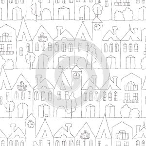 Winter town, line of old buildings and towers, silhouettes. Seamless pattern, black abd white