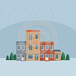 Winter town. Street with house, front view. City background. Vector detailed illustration. Urban landscape.