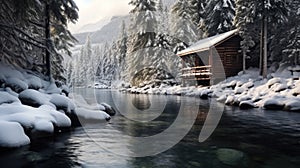 winter tranquility, A snowy forest with a frozen lake and a wooden cabin