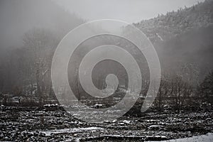 Winter trees in mountains covered with fresh snow. Beautiful landscape with branches of trees covered in snow. Mountain road in