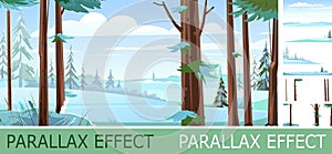 Winter trees. Snow frosty landscape with parallax effect. Beautiful Forest Panorama. Pine trunks. Illustration in