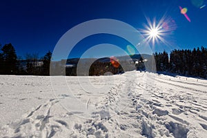 Winter trekking Beskidy mountains Rysianka