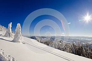 Winter trekking Beskidy mountains Rysianka