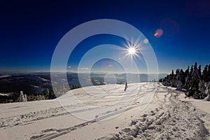 Winter trekking Beskidy mountains Rysianka