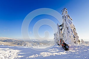 Winter trekking Beskidy mountains Rysianka