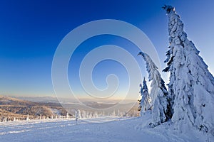 Winter trekking Beskidy mountains Rysianka