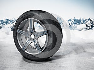 Winter tyre standing on snow. 3D illustration