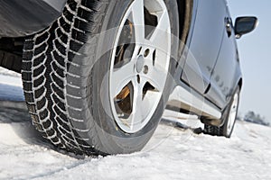 Winter tyres wheels installed on suv car outdoors