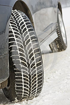 Winter tyres wheels installed on suv car outdoors