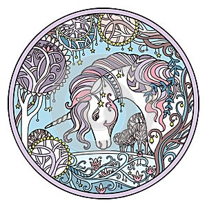 Winter unicorn round color vector isolated illustration