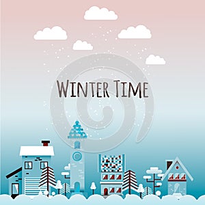 Winter urban landscape in flat style. Vector illustration.