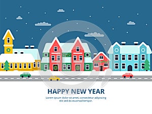 Winter urban landscape. Snowy roof city buildings night with snowflakes christmas holiday town vector illustrations