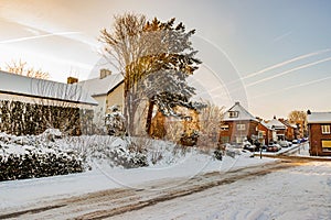 Winter urban street landscape, snow covered sidewalks and gardens