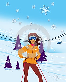 Winter vacation. Portrait of female skier standing on a ski slope at a sunny day against ski-lift on the background. Illustration
