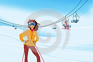Winter vacation. Portrait of female skier standing on a ski slope at a sunny day against ski-lift on the background. Illustration
