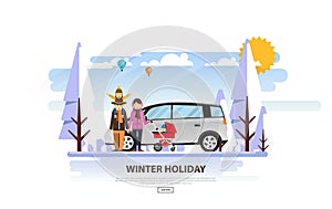 Winter Vacation Vector Backgound. White Snowy Landscape with Family