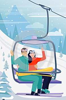 Winter vacations activity concept. Happy couple rise to the ski lift elevator.