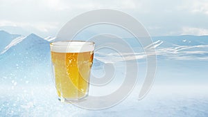 Winter vacations. Big glass of light cold foamy beer over snow-capped mountains background. Holidays, vacation, drinks