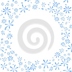 Winter vector frame of simple blue snowflakes. Background, border, template for theme of Snowfall, christmas, new year