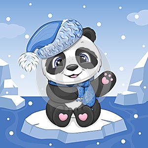 Cute cartoon panda wearing a blue hat and scarf floating on ice.