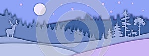 Winter vector landscape with forest outline, deer, moon, stars, hills.