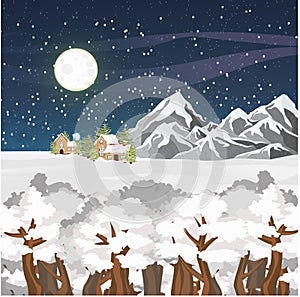 Winter vector landscape. Mountains, houses and forest in the snow. Starry night sky. Big Full Moon