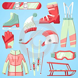 Winter vector sport and clothes icons snow ski, snowboard helmet and board, sledge mountain cold extreme sportsmen