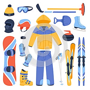 Winter vector sport and clothes icons snow ski, snowboard helmet and board, sledge mountain cold extreme sportsmen