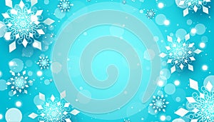 Winter vector template background. Winter snowflakes design in blue space with elegant crystal snowflake ornament for snow season.