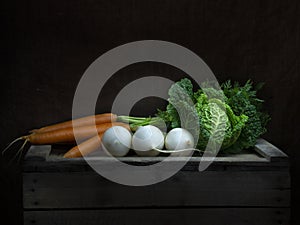 Winter vegetables still life, chiaroscuro Baroque style. Light painting. Cabbage, carrots, turnip. photo