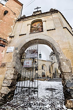 Winter view on All Saints Cathedral and Benedictine Monastery in Lviv old town, Ukraine