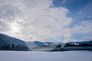 Winter view from Bad Mitterndorf to snow covered mountain Kammspitz