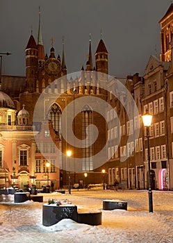 winter. view of Basilica of St. Mary at night. Gdansk, Poland