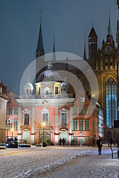 winter. view of Basilica of St. Mary at night. Gdansk, Poland