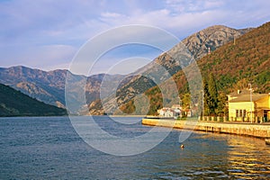 Winter view of Bay of Kotor and its narrowest part - Verige Strait. Montenegro