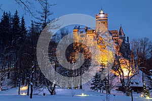 Winter view of Bran castle, also known as Dracula`s castle