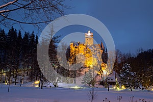 Winter view of Bran castle, also known as Dracula`s castle