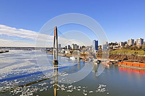 Winter view of a city by a river