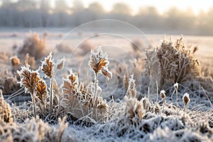 Winter view with dry plants covered with frost in the morning sunlight