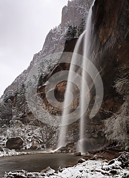 Winter view of Emerald Falls in Zion Canyon