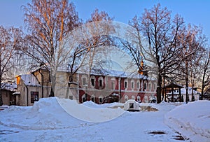 Winter view of the fraternal building in the Spaso-Andronikov monastery in Moscow, Russia